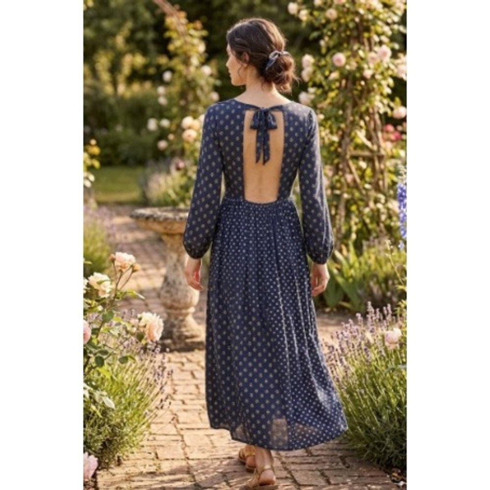 MNG Mango Navy Dot Open Back Dress Cottagecore Sz 4 Small Peasant Empire Fall